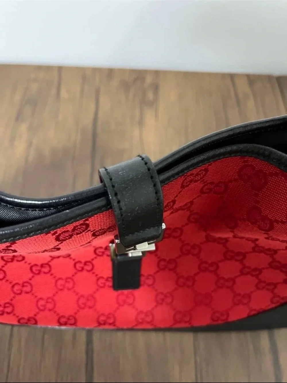 Gucci Red Monogram Shoulder Bag with Black Trim